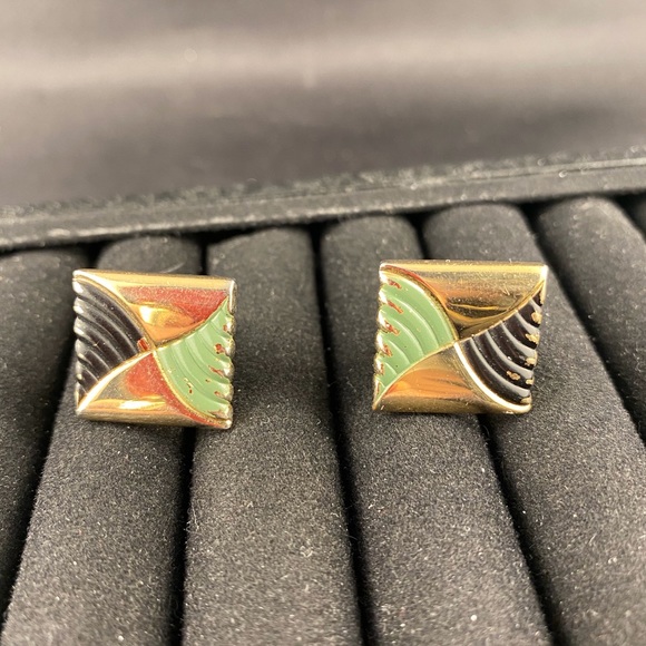 Vintage green black gold cuff links - Picture 1 of 4